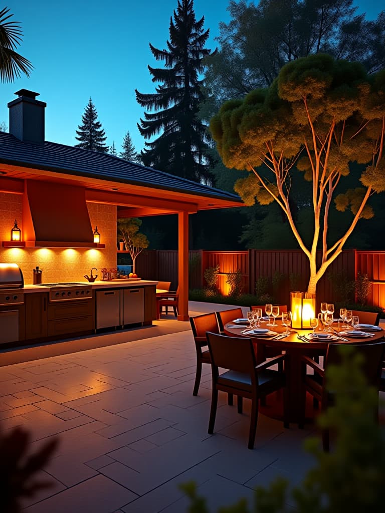  high quality portrait photo of a panoramic view of an outdoor kitchen and dining area at dusk, with a mix of warm lanterns, tiki torches, and subtle landscape lighting creating a layered lighting effect hyperrealistic, full body, detailed clothing, highly detailed, cinematic lighting, stunningly beautiful, intricate, sharp focus, f/1. 8, 85mm, (centered image composition), (professionally color graded), ((bright soft diffused light)), volumetric fog, trending on instagram, trending on tumblr, HDR 4K, 8K