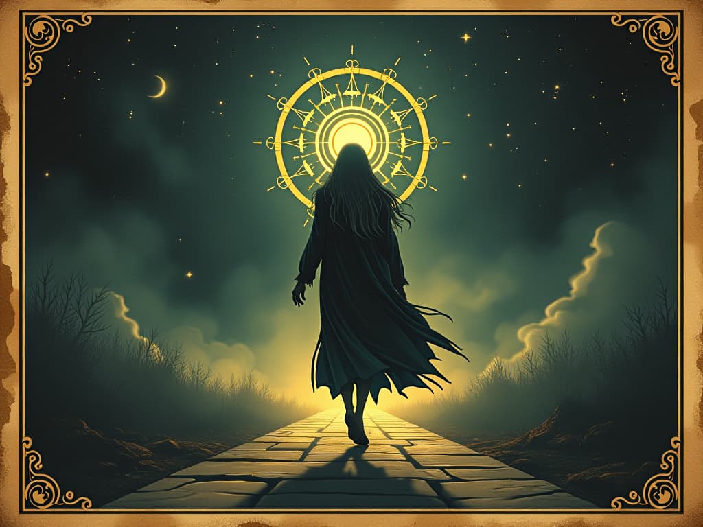  moving forward, illuminated path, confident stride, ethereal glow, serene expression, divine purpose, quiet determination. an illustration in the style of a worn, mystical old tarot trump card, mysterious and elements of surrealism. the colors are muted, somber and eerie, but with contrast bring out an occult and esoteric vibe.