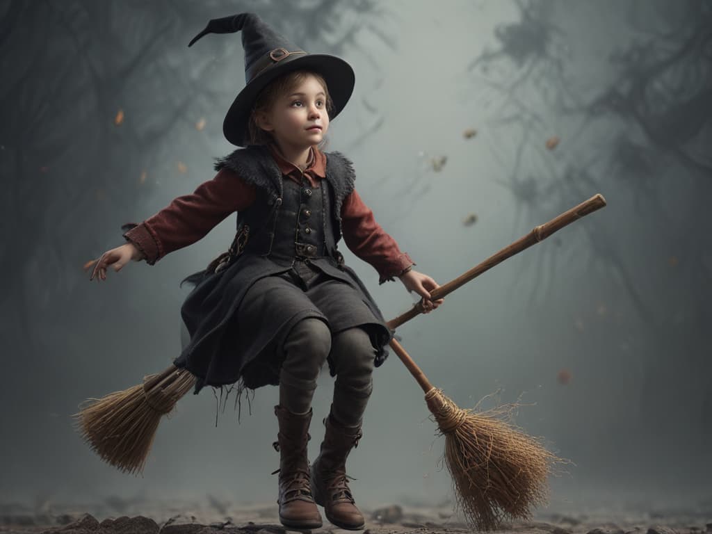 ultra realistic ((ultra realistic ((a child imagining themselves flying on a broomstick like a witch)))) hyperrealistic, full body, detailed clothing, highly detailed, cinematic lighting, stunningly beautiful, intricate, sharp focus, f/1. 8, 85mm, (centered image composition), (professionally color graded), ((bright soft diffused light)), volumetric fog, trending on instagram, trending on tumblr, HDR 4K, 8K