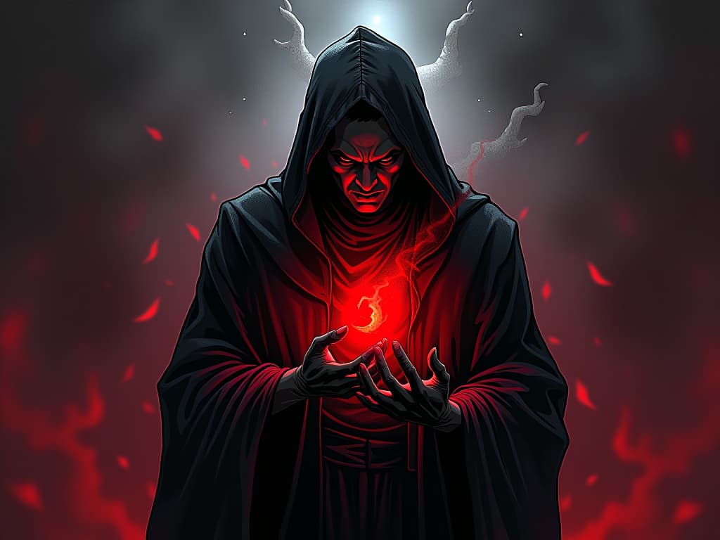  person holding an unsettling object, aura of suspicion, contrasting energies evident. the style is digital art illustration / modern comic book / graphic dark novel fantasy and mysterious occult, symbolic, moody lighting, esoteric vibe,high detail on character design. for the color scheme emphasize blacks and reds.