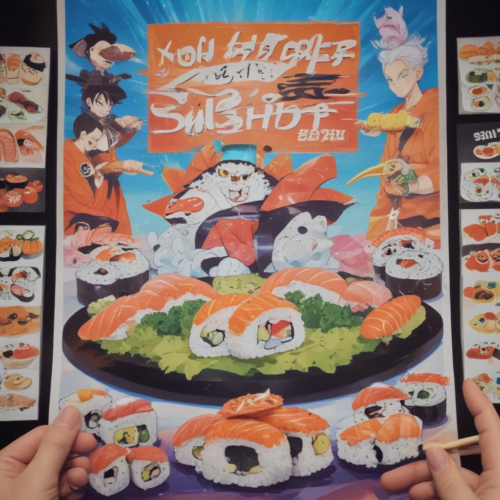 distance-shot, flashy, full-body, dynamic, holographic, animated cartoon poster of sushi scene in the style of dragon ball super