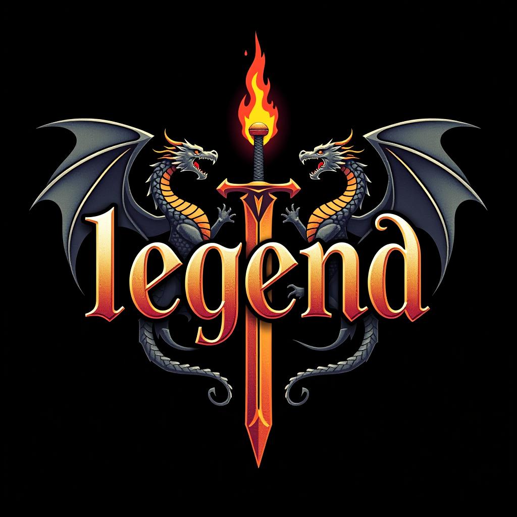  design a logo, custom sticker design on an isolated black background with the words ‘legend’ in bold font decorated by mythical dragons and a flaming sword