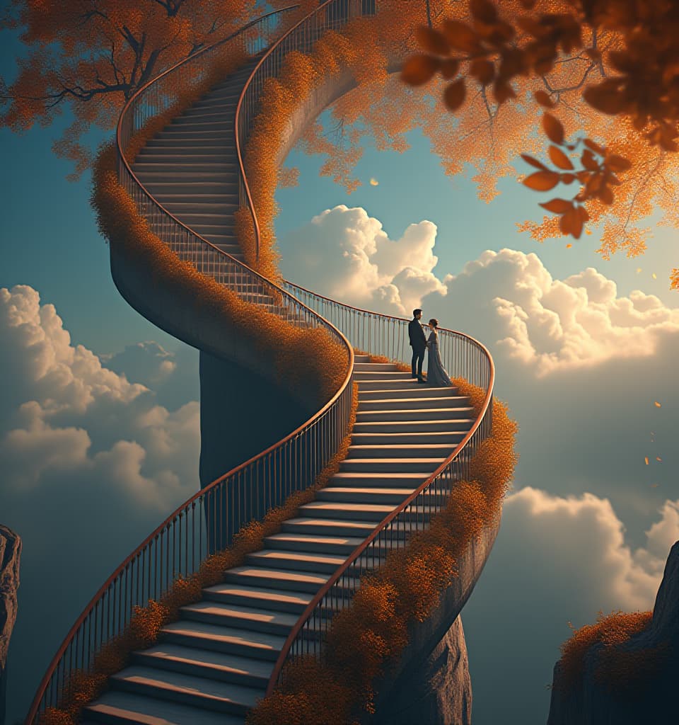  role playing game (rpg) style fantasy surreal digital image (aerial spiral road soaring in the sky, made of autumn leaves and clouds:1.6) in the form of an upward spiral. (at the top of the stairs:1.5) with carved thin railings (a table for two is served:1.4). (romantic autumn fantasy date under the starry sky:1.5). (the happy cavalier meets his beautiful lady downstairs with a bouquet of luxurious roses and invites her to a romantic dinner for two:1.6). cinematic special effects, 3 d effect, attention to numerous details, masterpiece, hdr. . detailed, vibrant, immersive, reminiscent of high fantasy rpg games