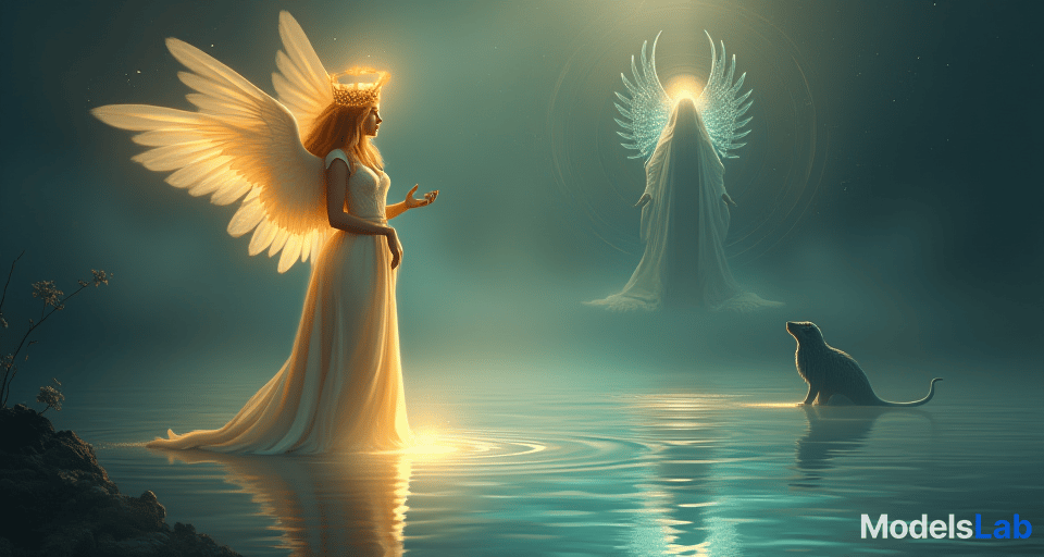  an ethereal angel with a glowing crown, standing by a luminescent lake. her reflection in the water shows a divine figure, magical creatures looking up in adoration, atmosphere of growing alignment and purpose.. the style is digital art illustration,highly detailed, whimsical,magical, dreamlike atmosphere, realism and fantasy blend, smooth, glossy textures,luminous quality, wonder and enchantment.