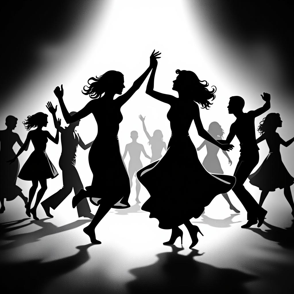  leisure people dancing , (logo:1.15), black and white, hq, hightly detailed, 4k