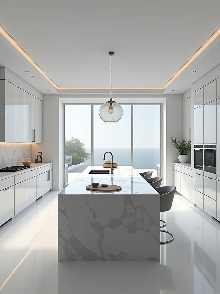  high quality portrait photo of an elegant, all white kitchen with a massive marble island, featuring state of the art appliances, pendant lighting, and floor to ceiling windows offering a panoramic view hyperrealistic, full body, detailed clothing, highly detailed, cinematic lighting, stunningly beautiful, intricate, sharp focus, f/1. 8, 85mm, (centered image composition), (professionally color graded), ((bright soft diffused light)), volumetric fog, trending on instagram, trending on tumblr, HDR 4K, 8K