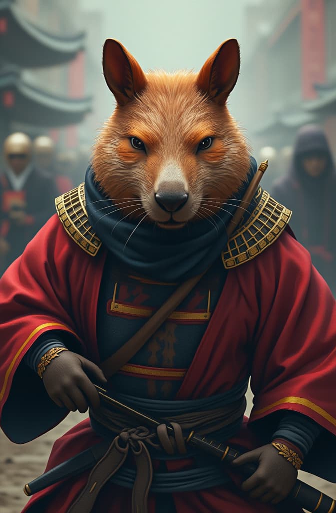  a samurai capybara attacks ninjas in japan , anime, realistic shaded perfect face, fine details. anime. realistic shaded lighting by ilya kuvshinov krenz cushart katsuhiro otomo, magali villeneuve, artgerm, rutkowski jeremy lipkin and giuseppe dangelico pino and michael garmash and rob rey hyperrealistic, full body, detailed clothing, highly detailed, cinematic lighting, stunningly beautiful, intricate, sharp focus, f/1. 8, 85mm, (centered image composition), (professionally color graded), ((bright soft diffused light)), volumetric fog, trending on instagram, trending on tumblr, HDR 4K, 8K