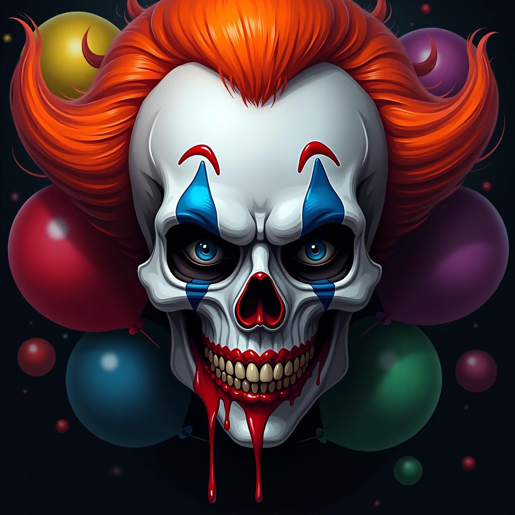  create a digital painting of a sinister clown themed skull. the skull should have bright orange clown hair, blue eye makeup around the eye sockets, a red nose, and red paint dripping from the mouth. the background should be black and include colorful balloons. the overall style should be dark, detailed, and visually striking.