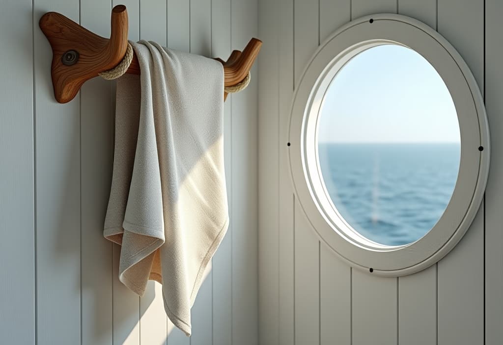  a landscape photo of a rustic driftwood towel rack with weathered rope accents, mounted on a white washed wall next to a porthole window overlooking the ocean hyperrealistic, full body, detailed clothing, highly detailed, cinematic lighting, stunningly beautiful, intricate, sharp focus, f/1. 8, 85mm, (centered image composition), (professionally color graded), ((bright soft diffused light)), volumetric fog, trending on instagram, trending on tumblr, HDR 4K, 8K