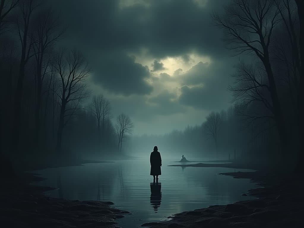  a lone figure staring into a clear yet haunting pool, dark clouds swirling overhead. enchanted wood, still water, stark reality.. the style is dark fantasy and mysterious occult, symbolic, moody lighting, esoteric vibe,high detail on character design. for the color scheme emphasize blacks and reds.