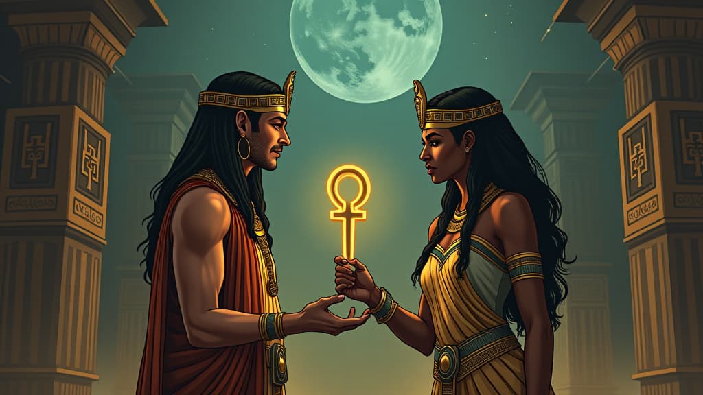  a comic book style draw of an ancient goddess offering a glowing ankh to a person, sense of audacity and reward, atmosphere of being unapologetically oneself. the style is digital art illustration / modern comic book / mysterious occult, symbolic, esoteric vibe,high detail on character design, incorporating ancient egyptian symbology and attire. hyperrealistic, full body, detailed clothing, highly detailed, cinematic lighting, stunningly beautiful, intricate, sharp focus, f/1. 8, 85mm, (centered image composition), (professionally color graded), ((bright soft diffused light)), volumetric fog, trending on instagram, trending on tumblr, HDR 4K, 8K