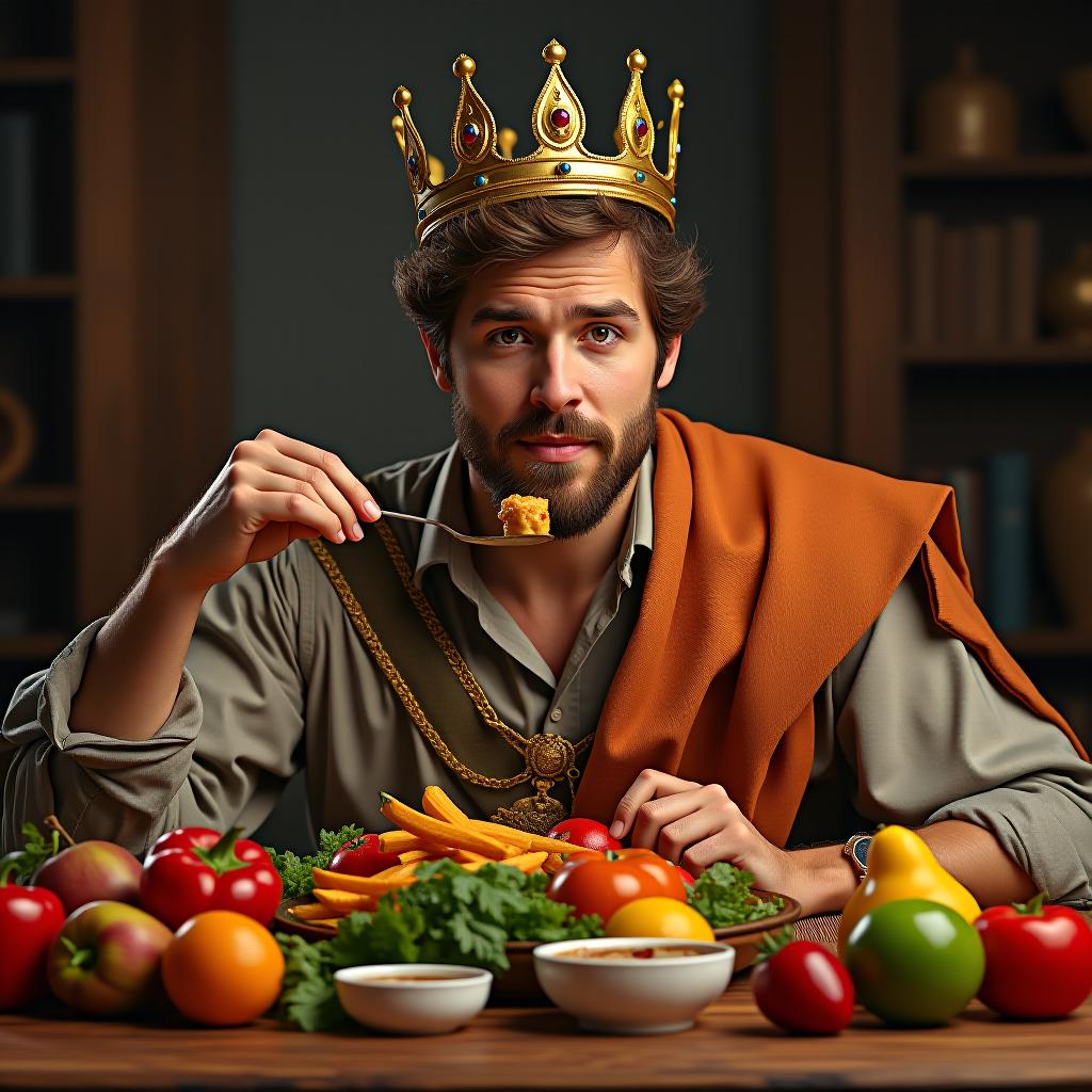  make an image of a man with short brown hair with a crown of a king eating a feast of fruits and vegetables