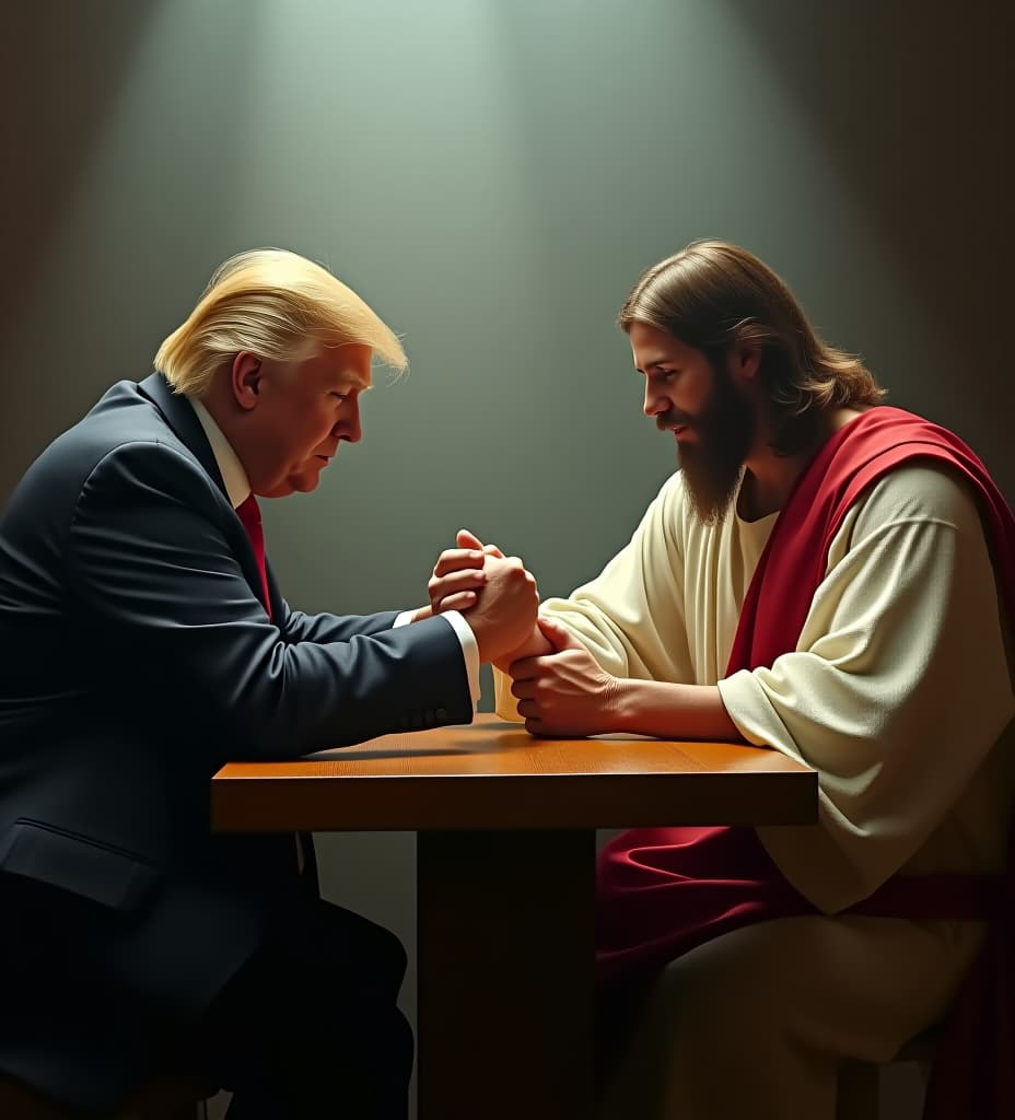  a realistic photo of donald trump arm wrestling with jesus christ. trump, dressed in a dark suit and red tie, sits at a sturdy wooden table, his face showing determination as he grips the hand of jesus. jesus, depicted with a serene expression, wearing a simple white robe with a red sash, gently yet firmly matches trump’s strength. the setting is a dramatic, ethereal space with soft, glowing light surrounding jesus, contrasting with the more earthly, shadowed side where trump sits. the atmosphere is one of intense yet respectful competition, with both figures fully engaged in the moment.