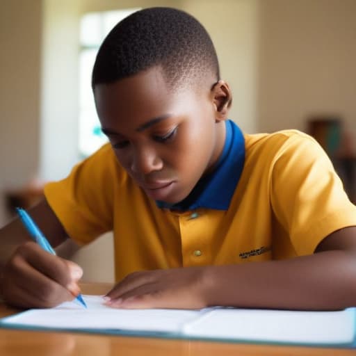 An image of an african teenage boy, in uniform writing an essay