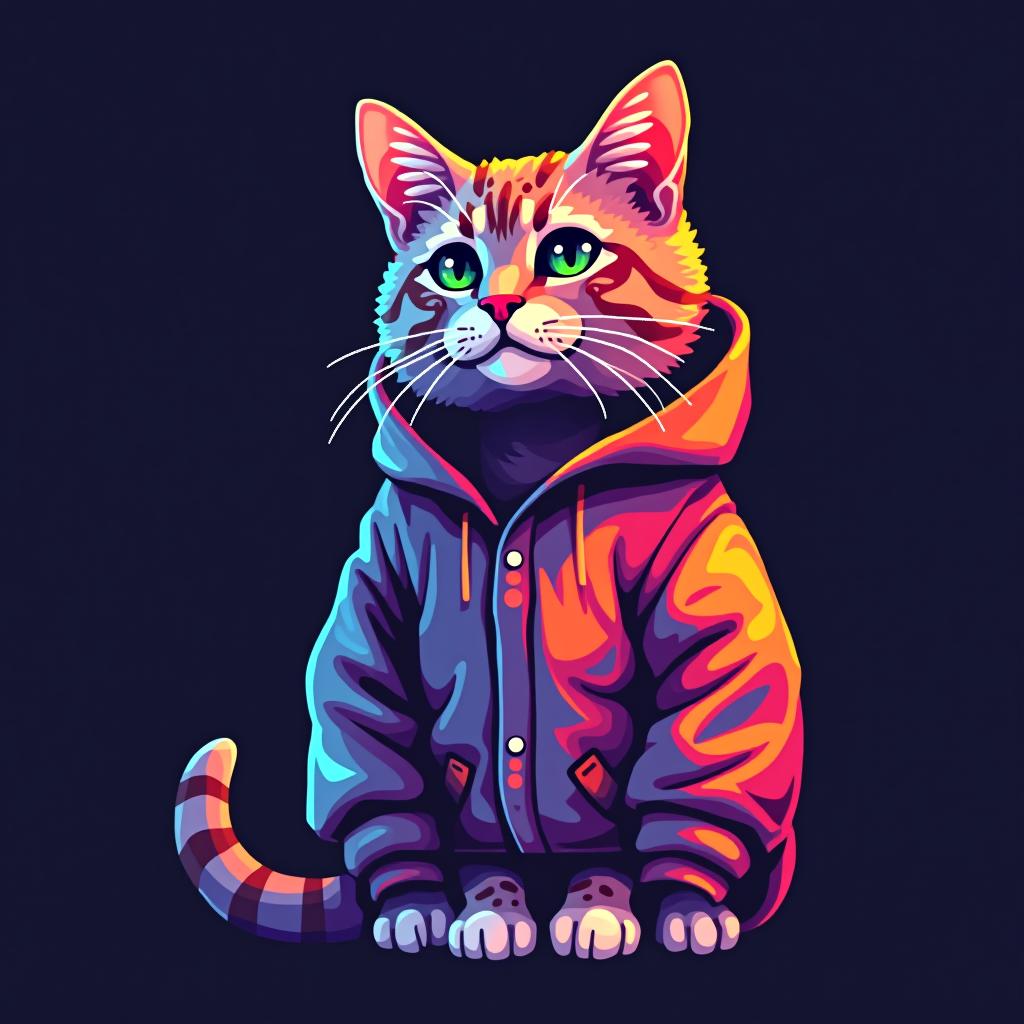  64x64 pixel art of a cat in high tech rainbow color clothes