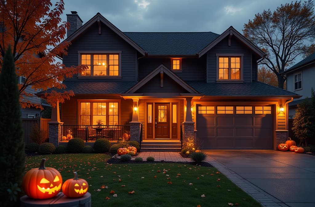  real estate photography style halloween interior with pumpkin of a private house, modern cozy style, glow garland ar 3:2 . professional, inviting, well lit, high resolution, property focused, commercial, highly detailed