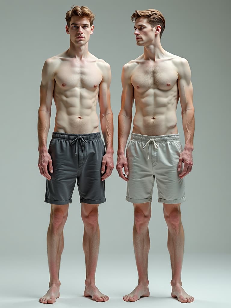  hdr photo of two skinny tall dudes without a outfit. their skin is ((white)). we see them at full height and ((in full growth)). . high dynamic range, vivid, rich details, clear shadows and highlights, realistic, intense, enhanced contrast, highly detailed