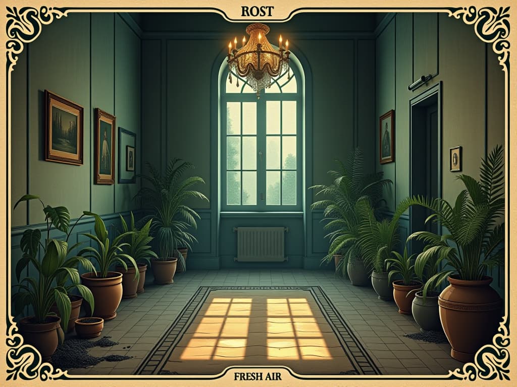  room devoid of fresh air, artificial plants lining walls, stagnant air, no signs of rejuvenation or freshness. an illustration in the style of a worn, mystical old tarot trump card, mysterious and elements of surrealism. the colors are muted, somber and eerie, but with contrast bring out an occult and esoteric vibe.