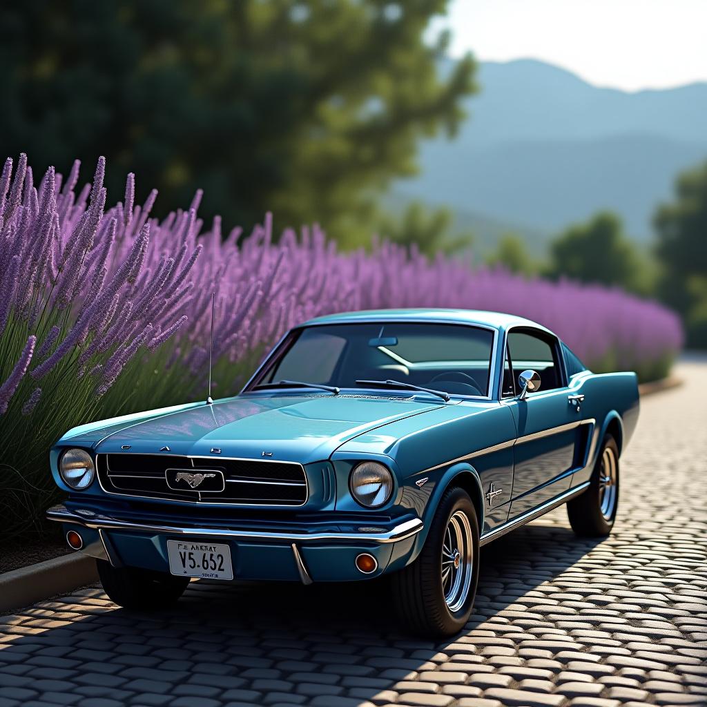  a vintage blue mustang parked on a cobblestone street, surrounded by tall, blooming lavender bushes hyperrealistic, full body, detailed clothing, highly detailed, cinematic lighting, stunningly beautiful, intricate, sharp focus, f/1. 8, 85mm, (centered image composition), (professionally color graded), ((bright soft diffused light)), volumetric fog, trending on instagram, trending on tumblr, HDR 4K, 8K