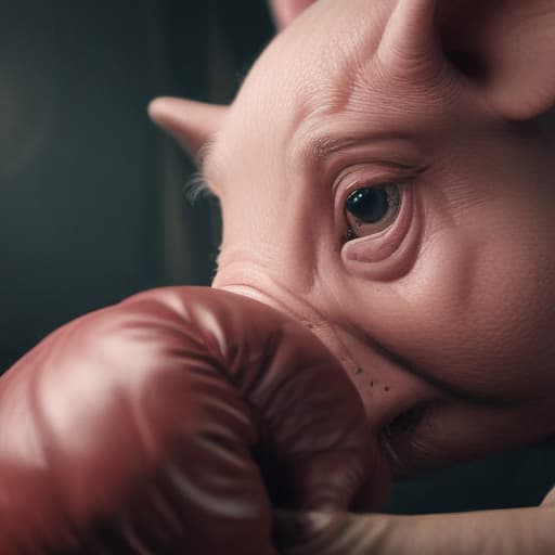 A human arm waering a boxing glove next to a pig in Cinematic style