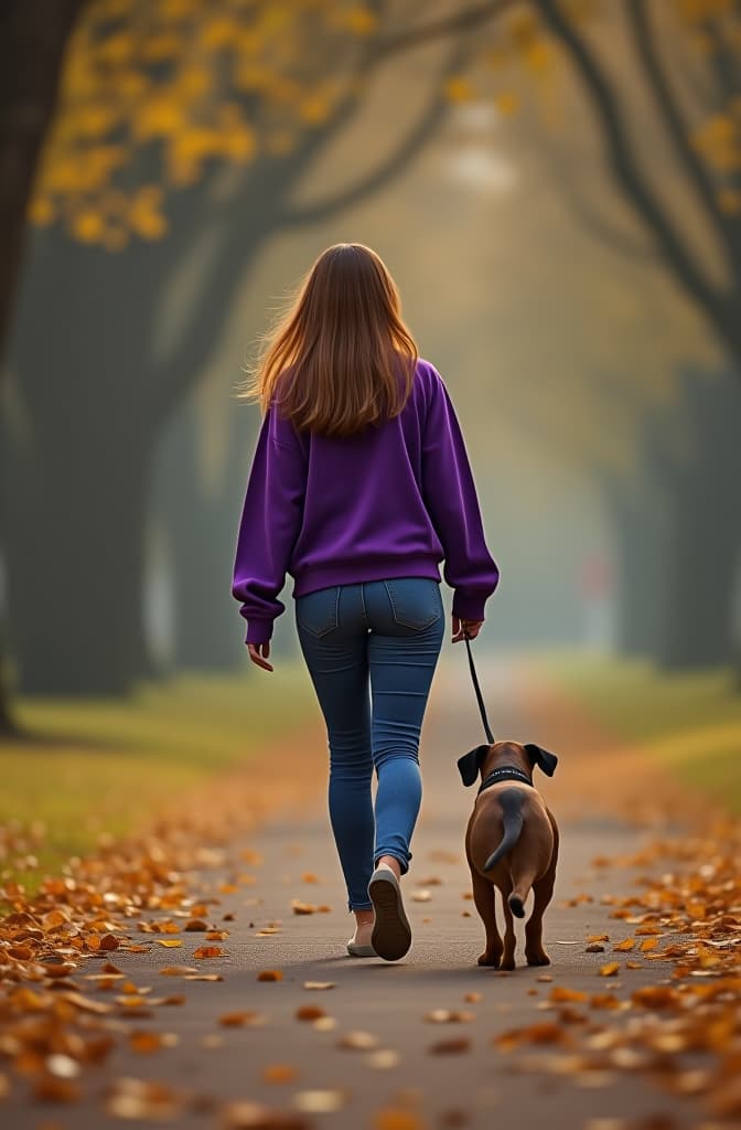  a woman in casual purple clothes walks her dog at the park, high angle view hyperrealistic, full body, detailed clothing, highly detailed, cinematic lighting, stunningly beautiful, intricate, sharp focus, f/1. 8, 85mm, (centered image composition), (professionally color graded), ((bright soft diffused light)), volumetric fog, trending on instagram, trending on tumblr, HDR 4K, 8K