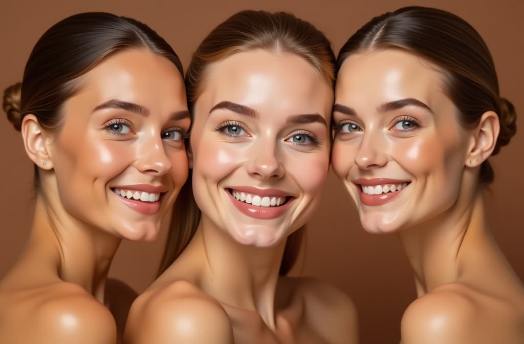  beauty, diversity and portrait of women happy with makeup for cosmetic skincare isolated in studio brown background. skin, aesthetic and young friends together for self care, разные черты лица и цвет кожи, dermatology and support ar 3:2 {prompt}, maximum details