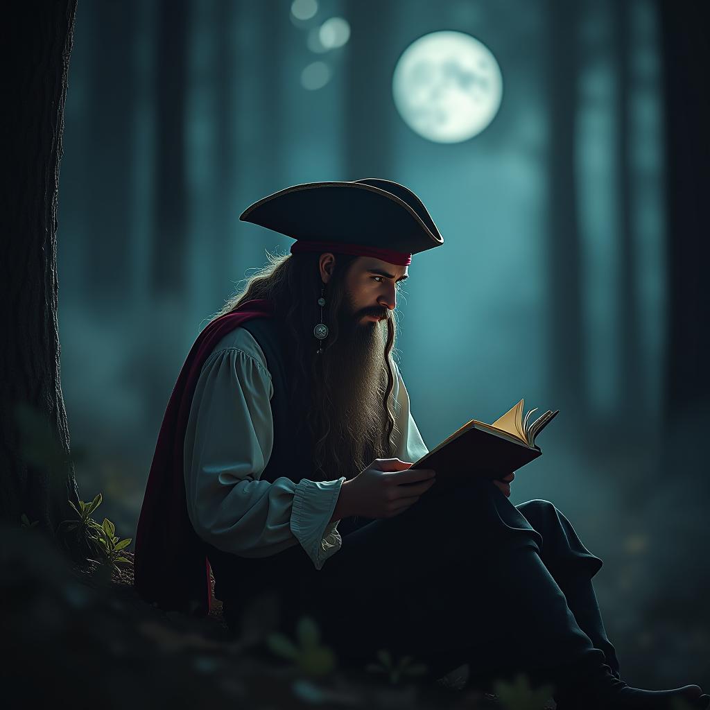  a pirate reading a book, digital illustration, in a forest, moonlight, hdr 4k hyperrealistic, full body, detailed clothing, highly detailed, cinematic lighting, stunningly beautiful, intricate, sharp focus, f/1. 8, 85mm, (centered image composition), (professionally color graded), ((bright soft diffused light)), volumetric fog, trending on instagram, trending on tumblr, HDR 4K, 8K