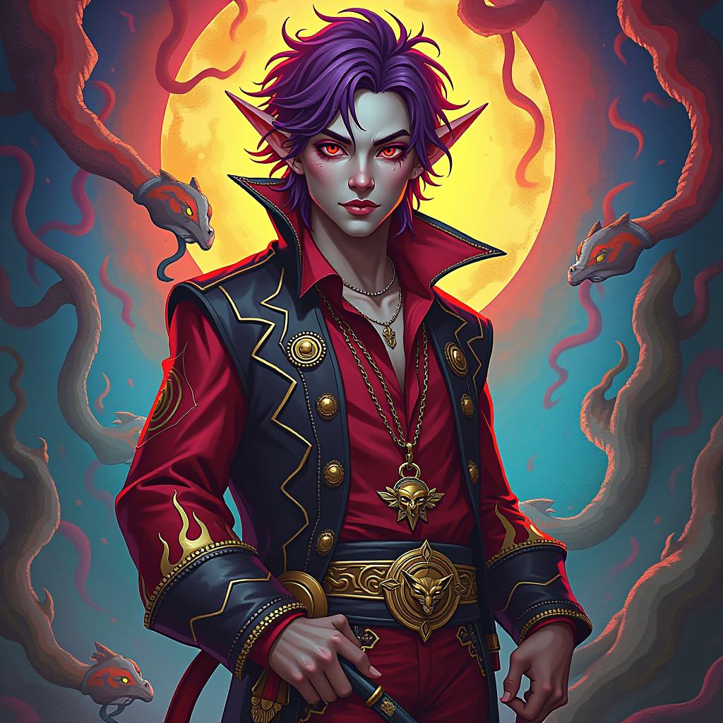  psychedelic style ringo pirate is depicted in full growth a young mature dark male elf with marble white skin, purple scarlet hair, ringo wears a disheveled hairstyle of medium length, pointed ear tips, lavender red eyes, wears a burgundy shirt with gold embroidery, in addition, he wears a dark red snake skin jacket with silver embroidery in the form of flames on the legs of the trousers also from a snake skin with a medium size silver skin. around his neck is a gold chain with a medium sized gold medallion. the medallion depicts an angry smirking fox face, ringo has a relative, a younger brother, a young dark elf amroth, . vibrant colors, swirling patterns, abstract forms, surreal, trippy