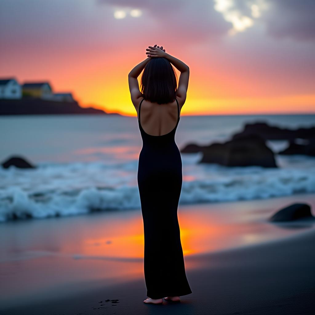  a girl with shoulder length dark hair, slim, wearing a long black form fitting dress with an open back stands by the ocean at sunset. she has raised her arms upwards and crossed them at the wrists. she can be seen in full view from a distance, standing on a beach with black sand. the ocean is choppy, and volcanic rocks are visible to the right of the girl. in the background, to the left of the girl, there are houses of various colors – white, blue, yellow, and orange. the sunset is visible behind the houses, reflecting in the ocean and in the sky with shades of blue, orange, and pink.