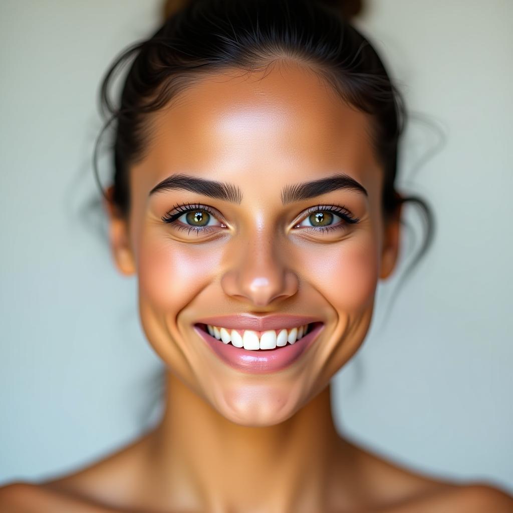  a photograph of a smiling woman with smooth skin.