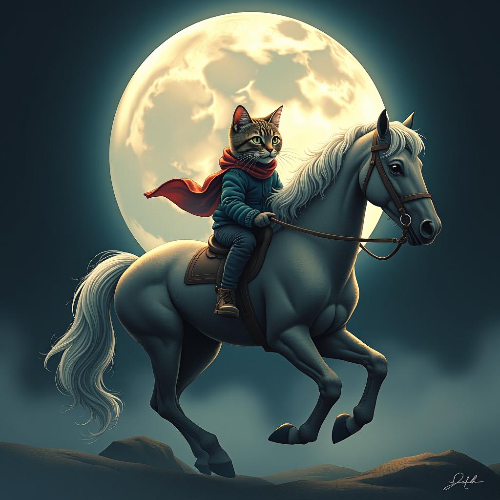  a cat riding a horse, hand drawn, on the moon, studio light, hdr 4k hyperrealistic, full body, detailed clothing, highly detailed, cinematic lighting, stunningly beautiful, intricate, sharp focus, f/1. 8, 85mm, (centered image composition), (professionally color graded), ((bright soft diffused light)), volumetric fog, trending on instagram, trending on tumblr, HDR 4K, 8K