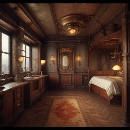 Generate steampunk images of the inside of a luxury hotel room