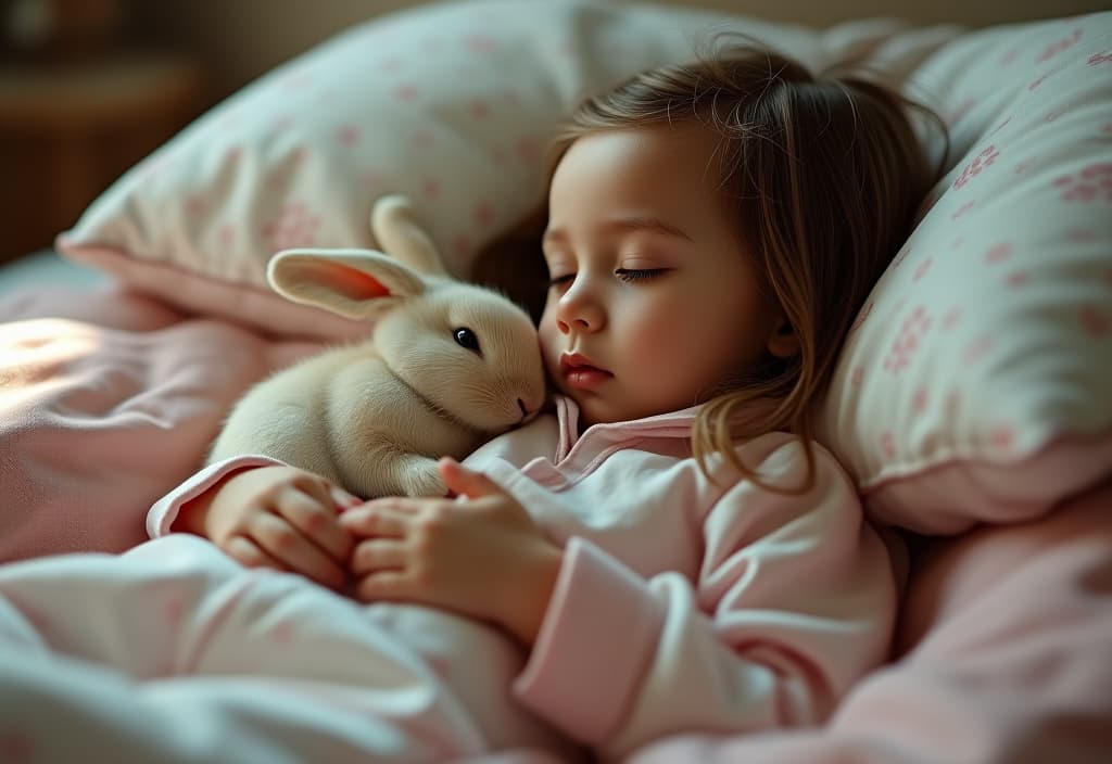  hyperrealistic art a little girl in a runaway pajama with a rabbit and soft pouches sleeping in the kingdom of magic rabbits. . extremely high resolution details, photographic, realism pushed to extreme, fine texture, incredibly lifelike hyperrealistic, full body, detailed clothing, highly detailed, cinematic lighting, stunningly beautiful, intricate, sharp focus, f/1. 8, 85mm, (centered image composition), (professionally color graded), ((bright soft diffused light)), volumetric fog, trending on instagram, trending on tumblr, HDR 4K, 8K