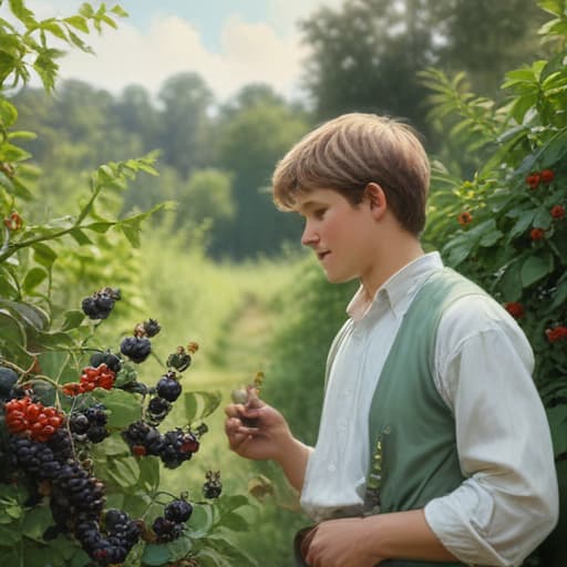 Imagine a serene scene of a happy older boy in the foreground. He is cultivating the black berries. It is sunny and hot. The boy is sweating. In the background, a vast black berry plantation stretches out behind him, with rows of lush vines heavy with ripe berries. Use a soft and muted color palette for the watercolor style, focusing on shades of green for the foliage and reds, purples, and blues for the berries. Make sure to capture the peaceful and idyllic atmosphere of a sunny day in the countryside. The composition should highlight the boy as the central figure, with the plantation as a beautiful backdrop enhancing the sense of abundance and harvest. Consider adding details such as butterflies fluttering around the bushes or distant far