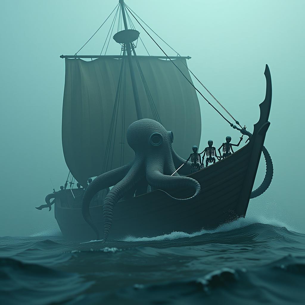  pirates of the caribbean, old wooden ship, foggy sea, octopus monster, skeleton soldiers with swords, epic battle high sea battle scene with octopus, foggy atmosphere, dark colors, epic fantasy art style, art station inspiration, cinematic render, high detail octopus and skeleton warriors, extreme close up shot, 135mm lens, dramatic lighting, highly detailed photo, sharp details, best quality, 4k, raw photo