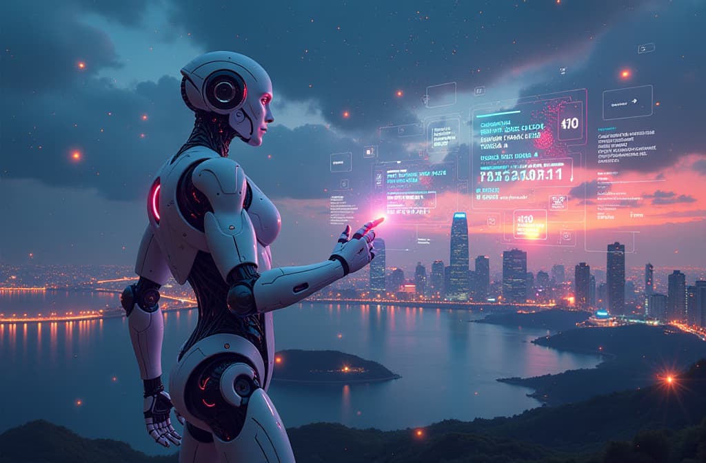  create a surreal digital landscape where a futuristic robot interacts with a vibrant array of holographic screens displaying flowing text and colorful data streams. the robot, sleek and humanoid, is surrounded by a swirling galaxy of abstract symbols and binary code, symbolizing artificial intelligence. in the background, a serene city skyline merges with floating islands of technology, blending nature and innovation under a luminous twilight sky filled with stars. hyperrealistic, full body, detailed clothing, highly detailed, cinematic lighting, stunningly beautiful, intricate, sharp focus, f/1. 8, 85mm, (centered image composition), (professionally color graded), ((bright soft diffused light)), volumetric fog, trending on instagram, trending on tumblr, HDR 4K, 8K