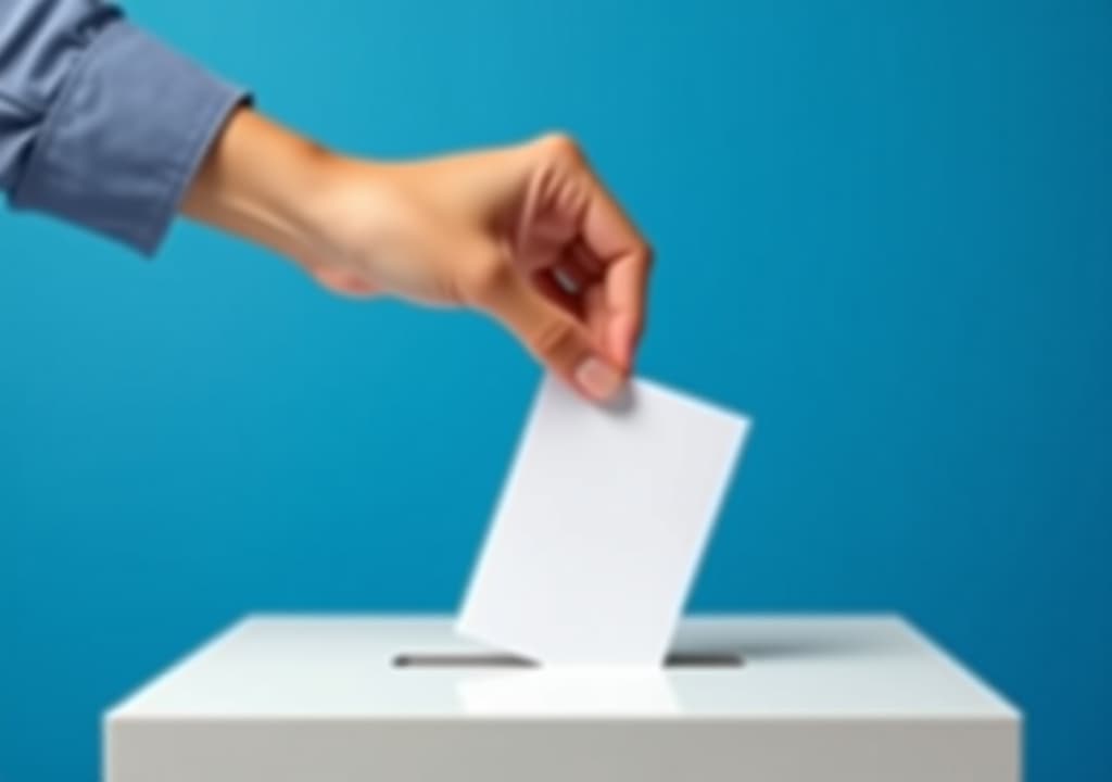  voting for the european union election, a hand putting a ballot paper into a ballot box on a blue background with copy space