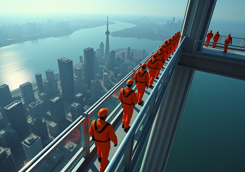  a wide angle view from the cn tower edgewalk, showing people in orange jumpsuits walking on the narrow outdoor ledge, with toronto's skyline and lake ontario visible in the background. the image should convey both the thrill of the experience and the breathtaking cityscape., in the style of pixel art hyperrealistic, full body, detailed clothing, highly detailed, cinematic lighting, stunningly beautiful, intricate, sharp focus, f/1. 8, 85mm, (centered image composition), (professionally color graded), ((bright soft diffused light)), volumetric fog, trending on instagram, trending on tumblr, HDR 4K, 8K