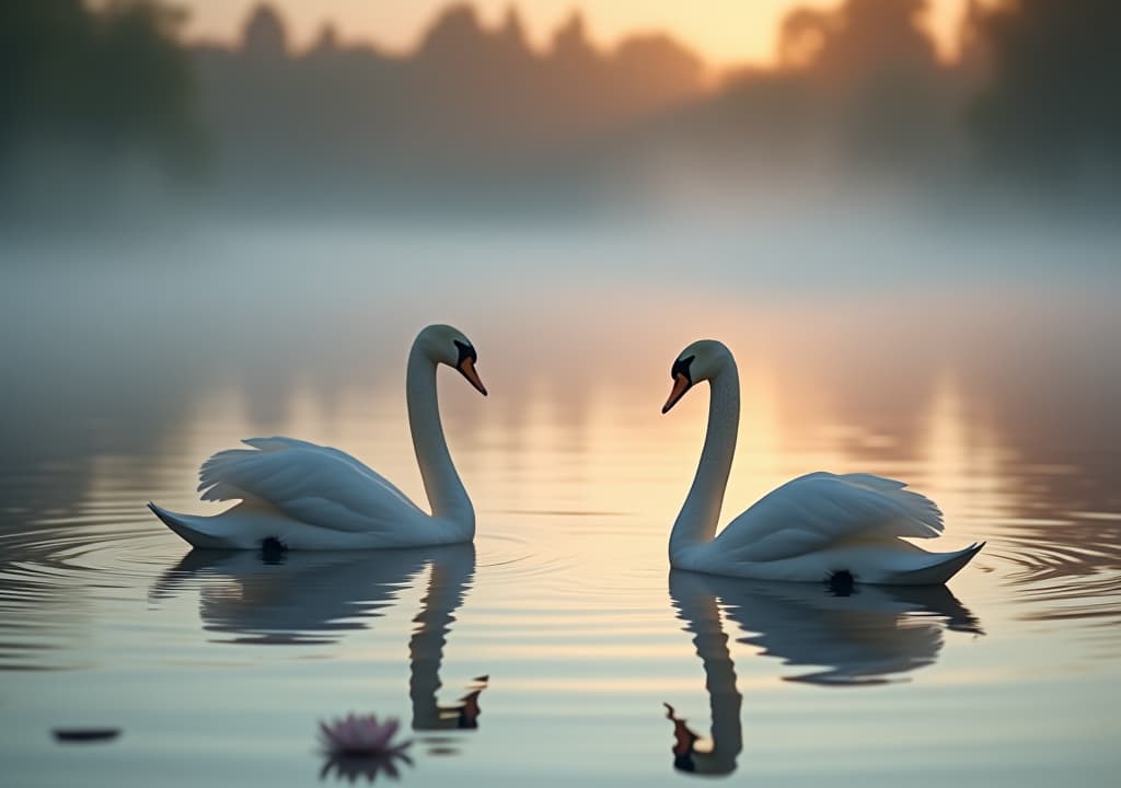  a serene lake at dawn, mist rising from the water, with elegant swans gliding gracefully, surrounded by soft pastel hues. delicate water lilies float nearby, reflecting the calm beauty of nature's symbolism. hyperrealistic, full body, detailed clothing, highly detailed, cinematic lighting, stunningly beautiful, intricate, sharp focus, f/1. 8, 85mm, (centered image composition), (professionally color graded), ((bright soft diffused light)), volumetric fog, trending on instagram, trending on tumblr, HDR 4K, 8K