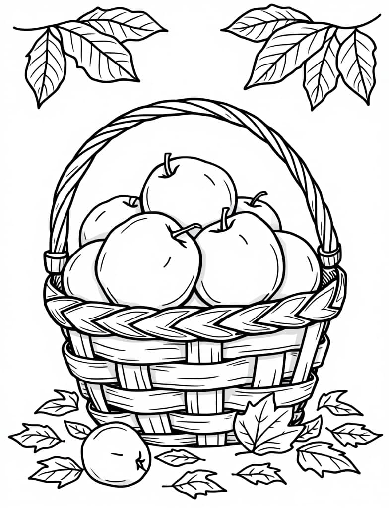  a basket of freshly picked apples with scattered autumn leaves, black and white line art on a white background, for an adult coloring page.