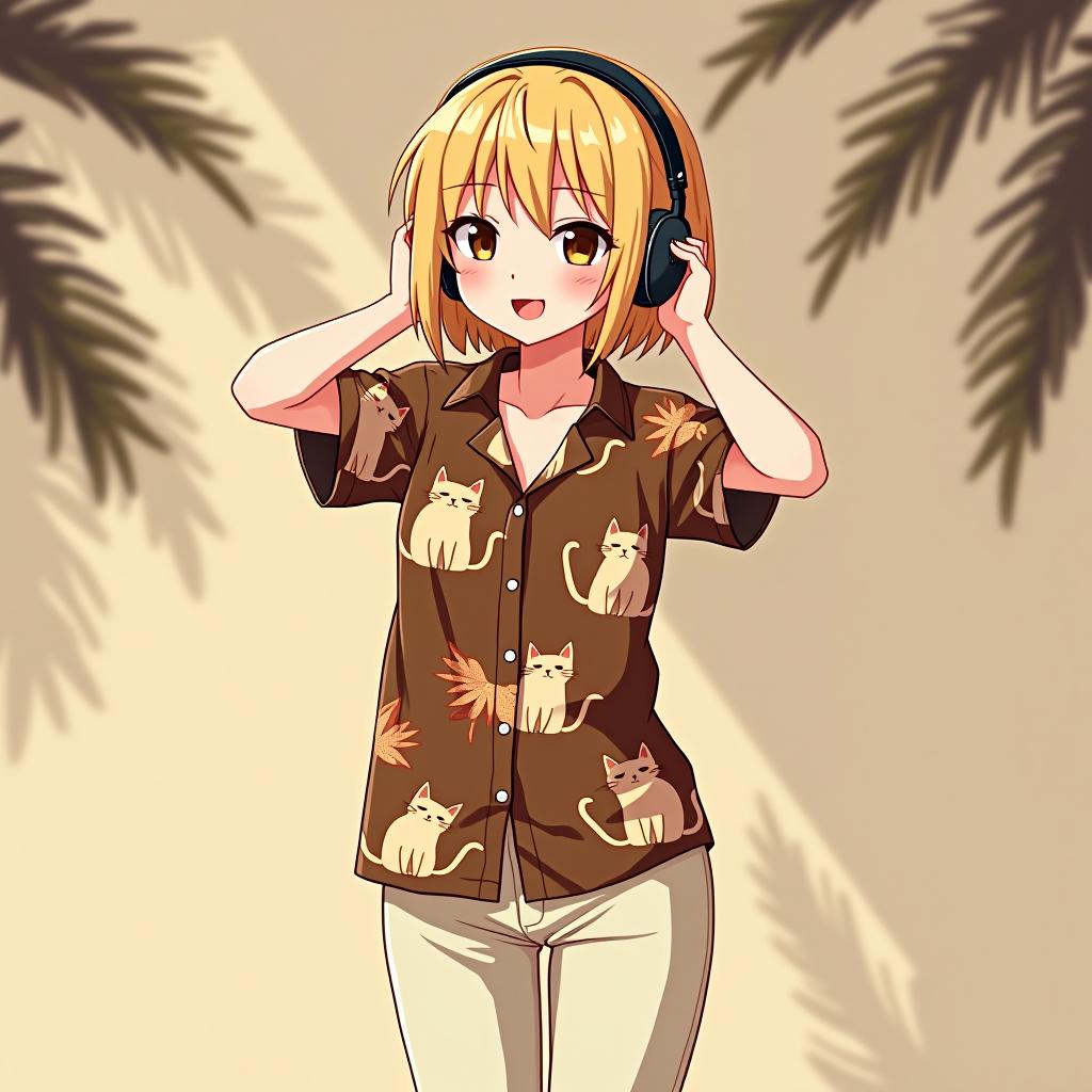  anime girl in light pants with cats and a brown hawaiian shirt, wearing headphones, and a blonde with a bob haircut.