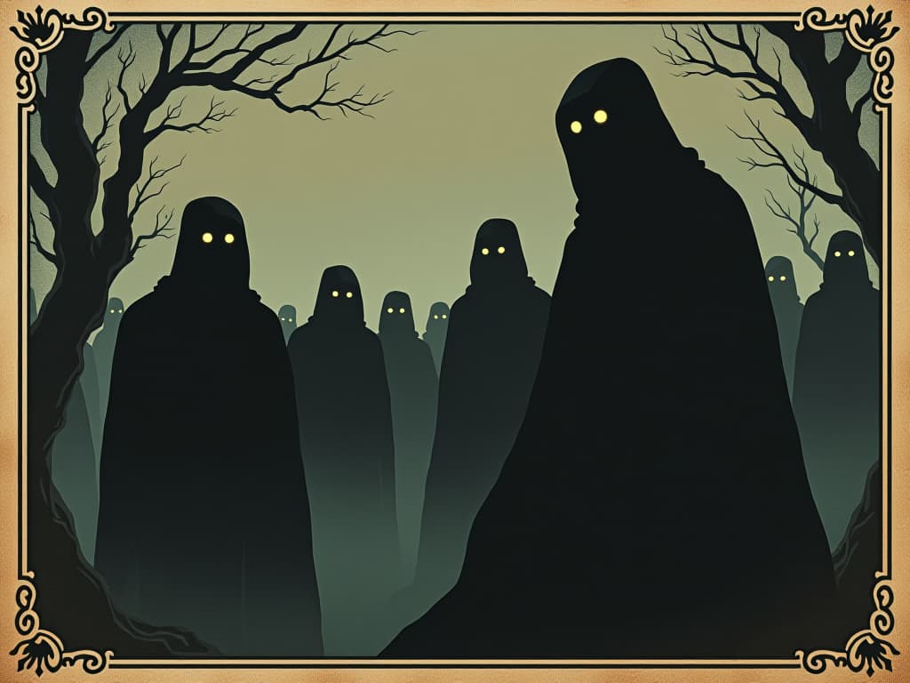  a group of shadowy figures with indistinct features, dark silhouettes observing from a distance, curiosity and intensity in their eyes, unsettling, eerie atmosphere. an illustration in the style of a worn, mystical old tarot trump card, mysterious and elements of surrealism. the colors are muted, somber and eerie, but with contrast bring out an occult and esoteric vibe.