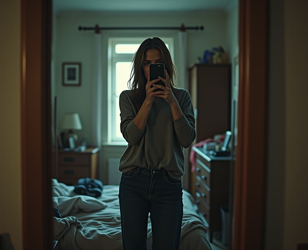  phone photo: a woman stands in front of a mirror, capturing a selfie. the image quality is grainy, with a slight blur softening the details. the lighting is dim, casting shadows that obscure her features. [the room is cluttered, with clothes strewn across the bed and an unmade blanket. her expression is casual, full of concentration], while the old iphone struggles to focus, giving the photo an authentic, unpolished feel. the mirror shows smudges and fingerprints, adding to the raw, everyday atmosphere of the scene. hyperrealistic, full body, detailed clothing, highly detailed, cinematic lighting, stunningly beautiful, intricate, sharp focus, f/1. 8, 85mm, (centered image composition), (professionally color graded), ((bright soft diffused light)), volumetric fog, trending on instagram, trending on tumblr, HDR 4K, 8K