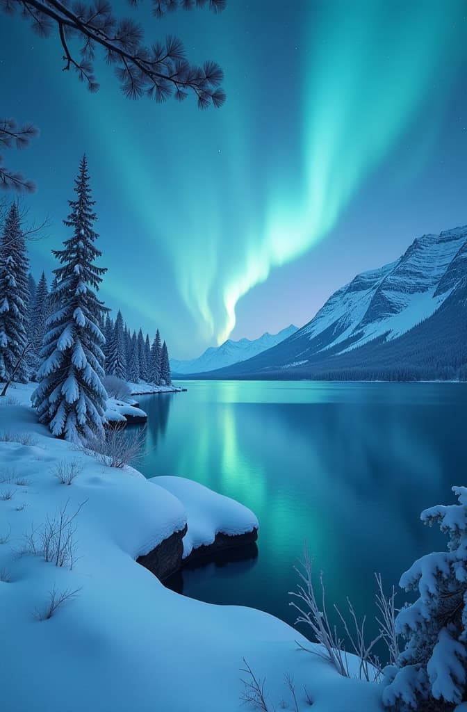  professional detailed photography, magical winter snow covered landscape, northern lights in the sky reflecting on the lake, icy blue colors, ar 2:3, (muted colors, dim colors, soothing tones), (vsco:0.3)