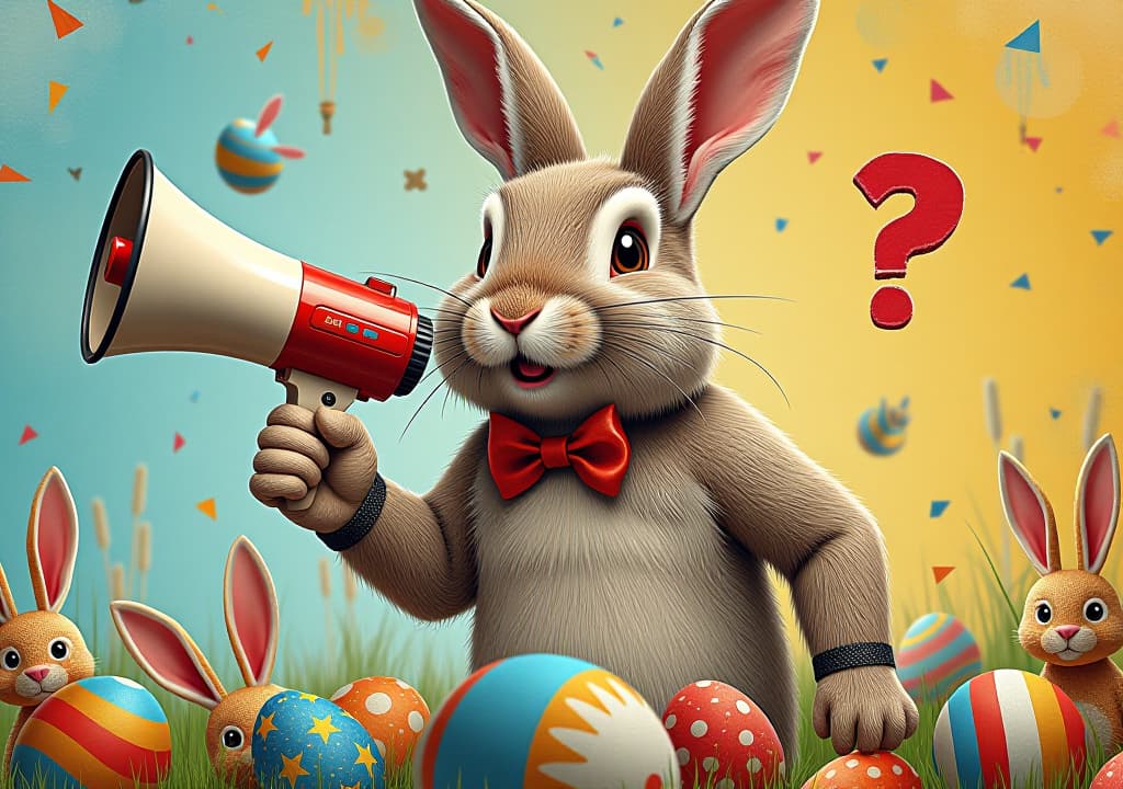  art collage. a crazy easter bunny with a megaphone. promotion, action, holiday, ad, job questions. vacancy. business discount concept, communication, information, news, team media relation, high quality, high details, hd, perfect composition, 4k epic detailed, highly detailed, sharp focus, high resolution