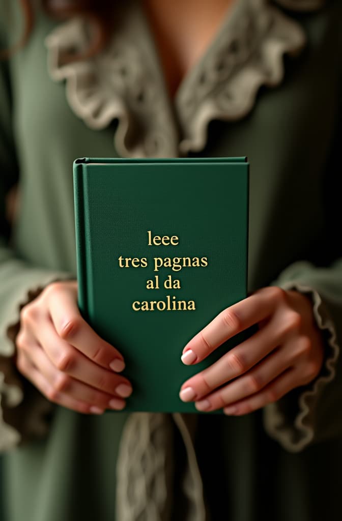  a small green book, which on the cover says the text “lee tres paginas al dia carolina” hyperrealistic, full body, detailed clothing, highly detailed, cinematic lighting, stunningly beautiful, intricate, sharp focus, f/1. 8, 85mm, (centered image composition), (professionally color graded), ((bright soft diffused light)), volumetric fog, trending on instagram, trending on tumblr, HDR 4K, 8K