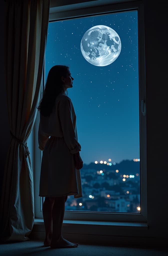  a aldo le encantaba mirar por la ventana todas las noches y observar a la luna y a las estrellas. aldo, sabía que las luces de las farolas e incluso la de la luna no le dejaban ver al resto de estrellas que se escondían por culpa de la contaminación lumínica. hyperrealistic, full body, detailed clothing, highly detailed, cinematic lighting, stunningly beautiful, intricate, sharp focus, f/1. 8, 85mm, (centered image composition), (professionally color graded), ((bright soft diffused light)), volumetric fog, trending on instagram, trending on tumblr, HDR 4K, 8K