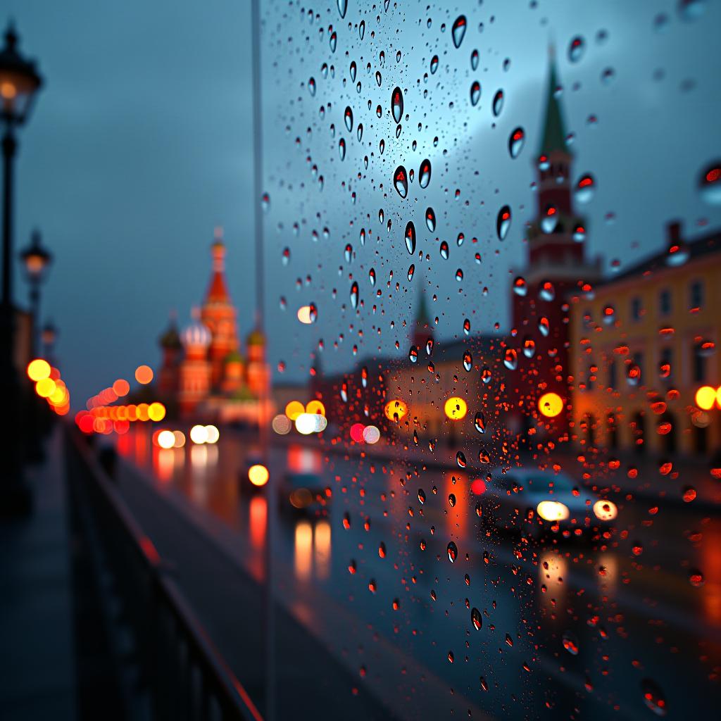  a stunning hyperrealistic digital masterpiece that captures the essence of an day in moscow, red square the foreground features intricate details of sharpen raindrops on a clear glass surface, creating a stunning play of light and shadow. moscow visible through the raindrops, illuminated against the twilight sky. the atmosphere is unrealistically beautiful, with a contrast of soft, glowing lights against the darkening backdrop. the 3d, hd render with octane technic, render taupe.,gray air, random angle