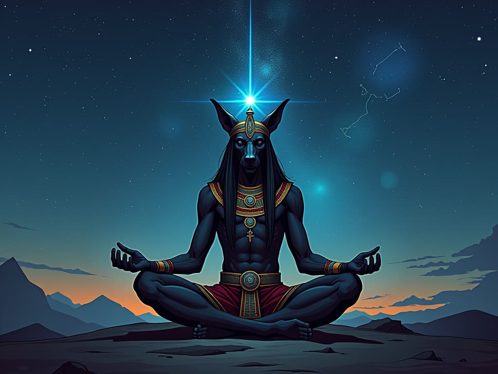  a dogon elder meditating under the night sky, sirius constellation visible, an aura of profound celestial connection and ancient wisdom. the style is digital art illustration / modern comic book / mysterious occult, symbolic, esoteric vibe,high detail on character design, incorporating ancient egyptian symbology and attire.