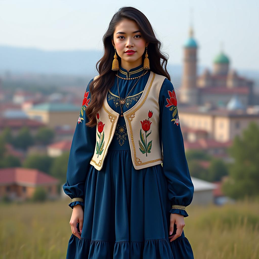  a young woman, full length. she wears large golden earrings and has dark colored hair. her dress is blue, long at the bottom with ruffles. over the dress, she has a classic vest made of beige velvet. the vest is embroidered with beads. the sleeves of the dress feature embroidery of tatar tulips. in the background is the city of kazan.